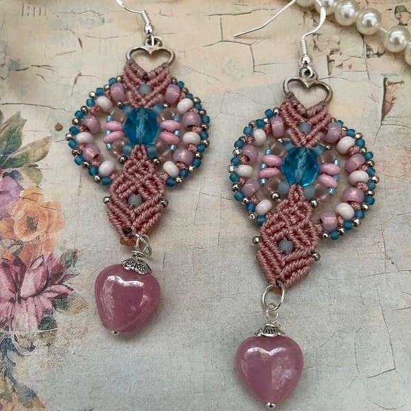 Pretty pink beaded dangle drop macrame boho earrings, yogi, hippie, summer 