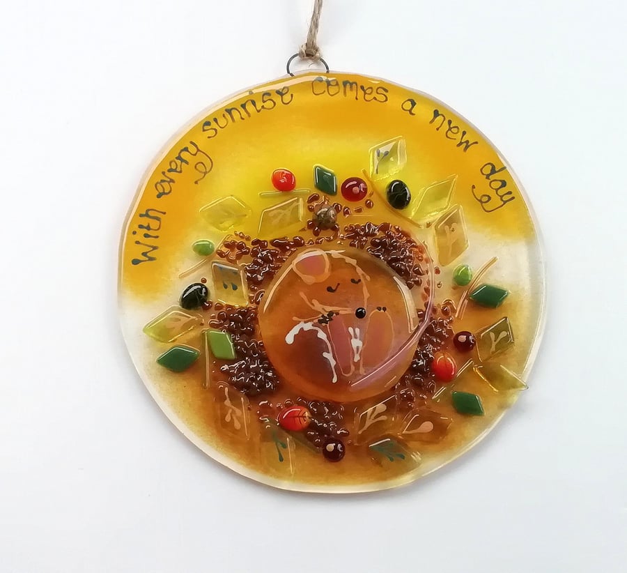 Sleepy dormouse suncatcher, "with every sunrise comes a new day", fused glass ci