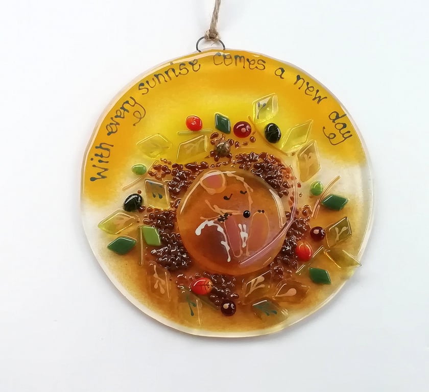 Sleepy dormouse suncatcher, "with every sunrise comes a new day", fused glass ci