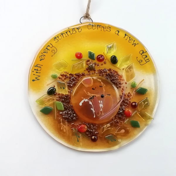 Sleepy dormouse suncatcher, "with every sunrise comes a new day", fused glass ci