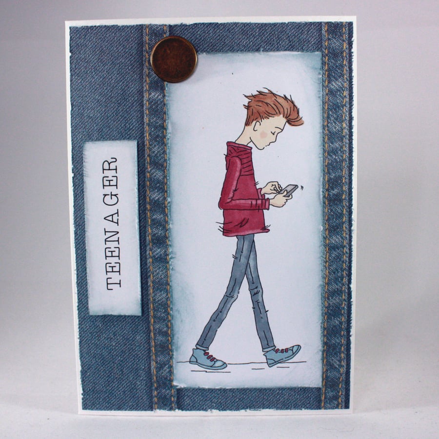 Handmade greetings card - teenager with phone