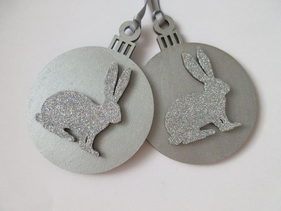 Christmas Tree Hanging Decoration Bauble Silver Bunny Rabbit x2