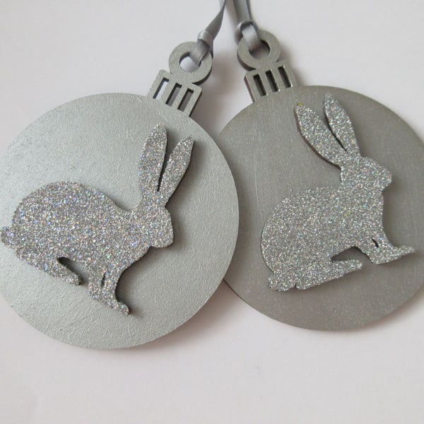 Christmas Tree Hanging Decoration Bauble Silver Bunny Rabbit x2