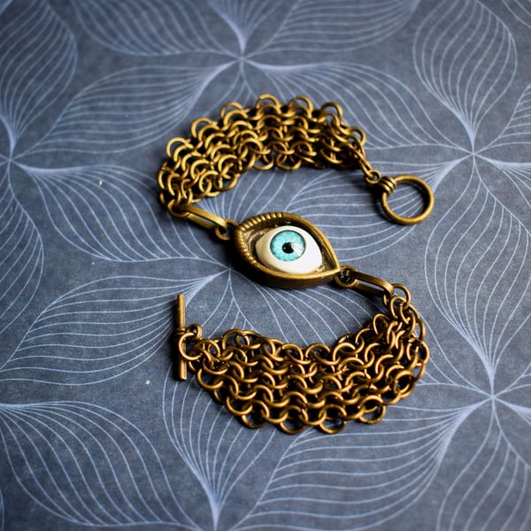 Evil Eye and Bronze Chainmaille Bracelet, Spiritual Jewellery