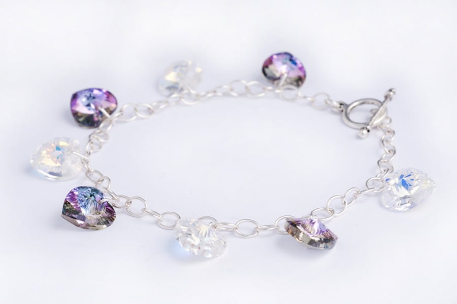 Clear AB and Lilac AB Swarovski Crystal Hearts Bracelet