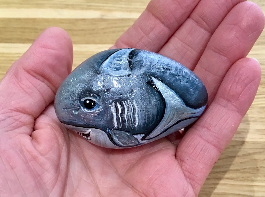 Shark hand painted pebble sea life rock art stone painting 