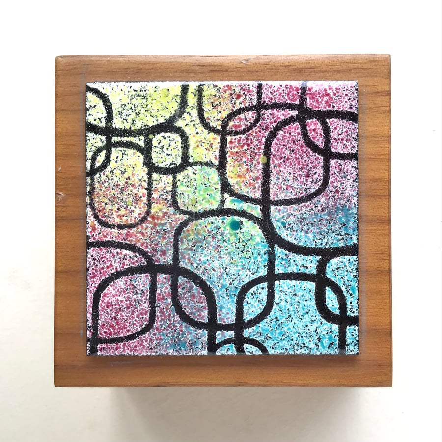 Upcycled Wooden Box with Colourful Enamel Plaque