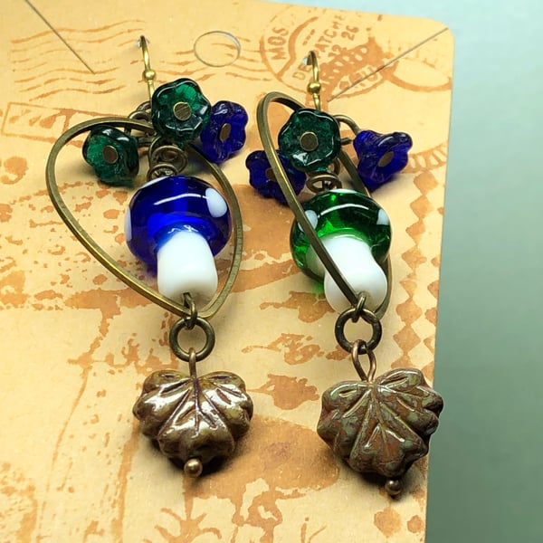 Green Blue mushroom glass earrings