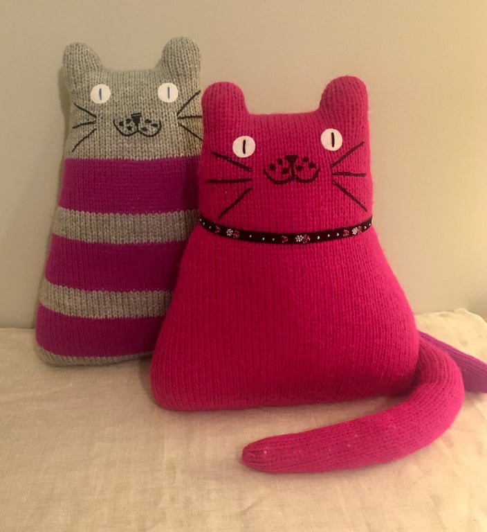 Mohair pink knitted cat cushion,  gift for  a cat lady