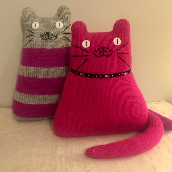 Mohair pink knitted cat cushion,  gift for  a cat lady