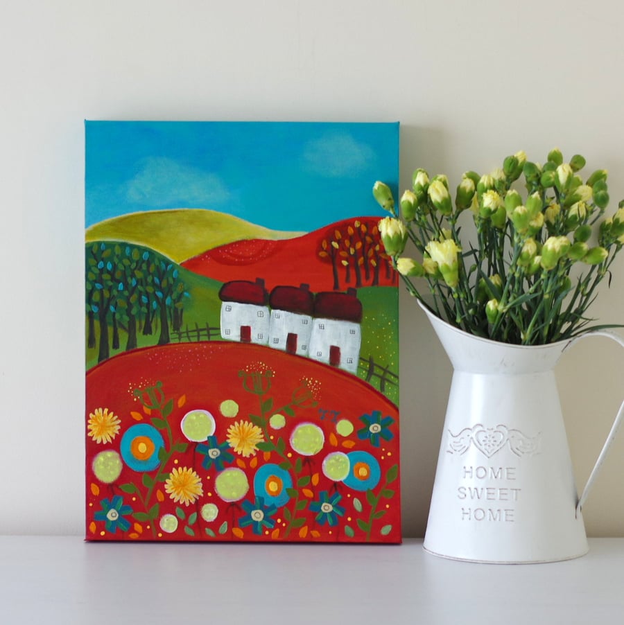 Naive Art Landscape Painting, Red Acrylic Artwork with Flowers
