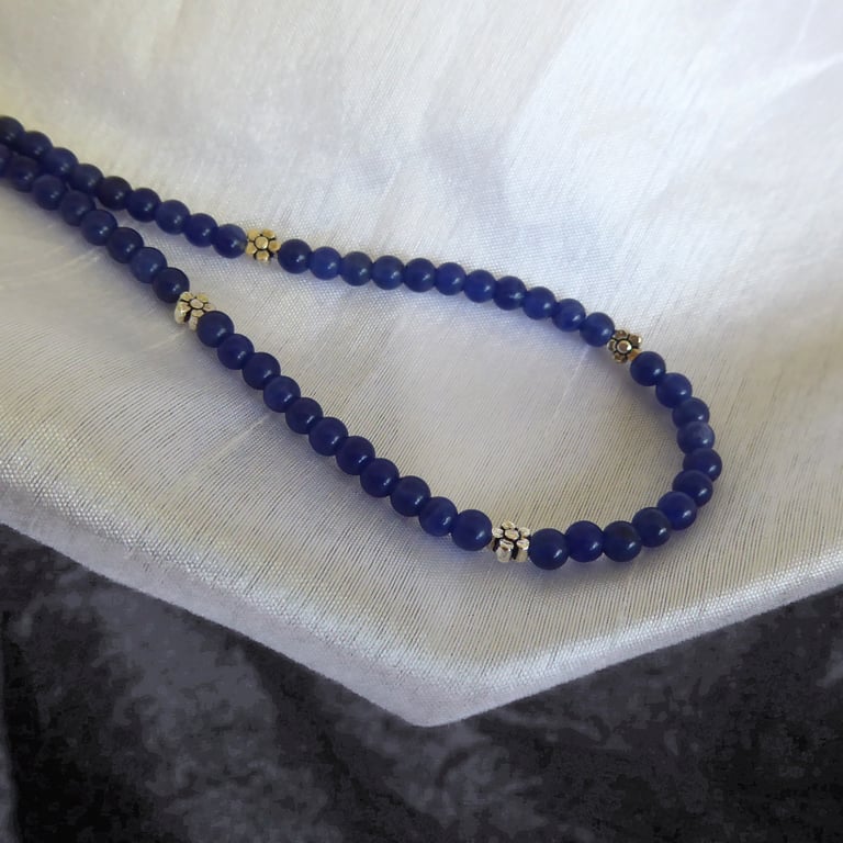 Blue Sodalite Bead Necklace with Sterling Silver flower accents