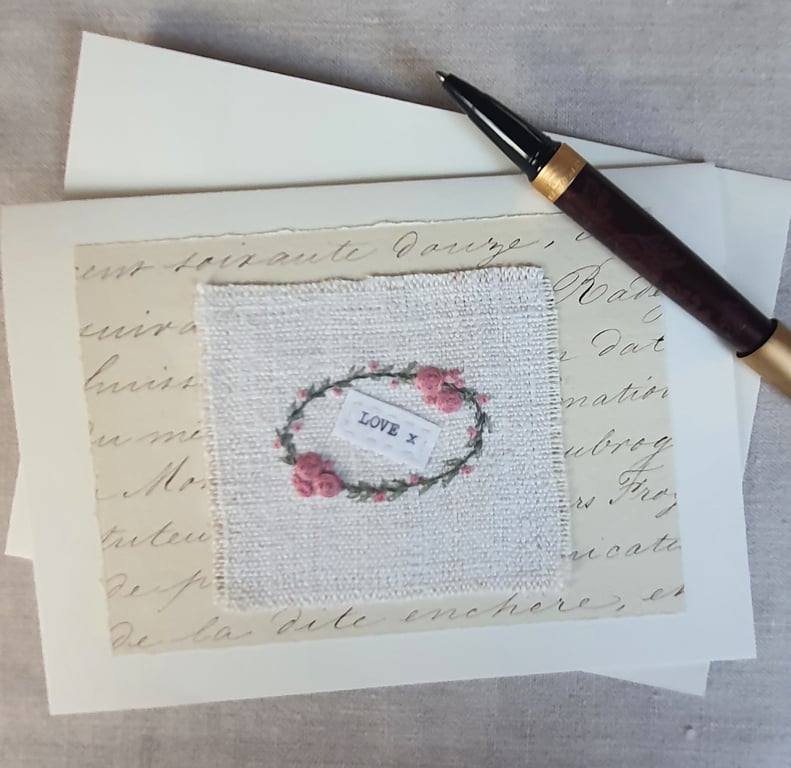 Hand embroidered blank greetings card