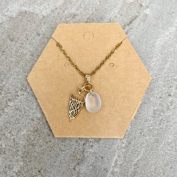 Swimming with Golden Jellyfish Sea Glass Necklace 