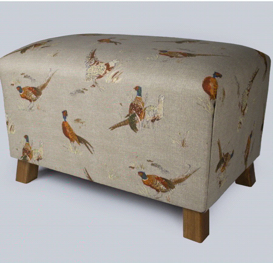 Footstool. Pheasant Fabric. U.K. Hand Crafted