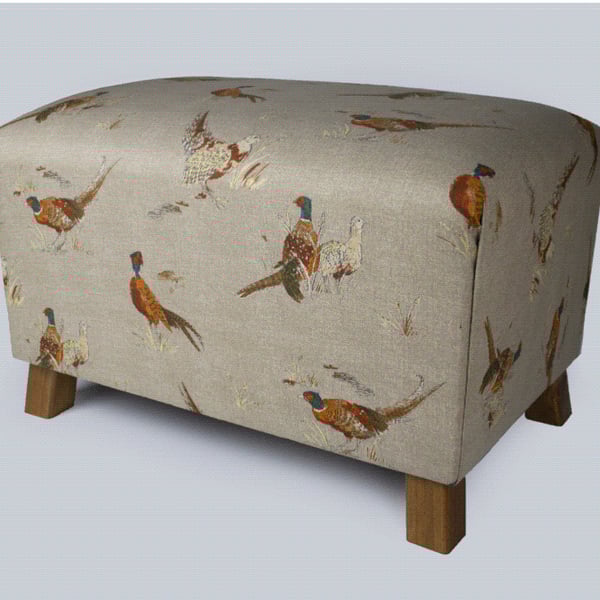 Footstool. Pheasant Fabric. U.K. Hand Crafted
