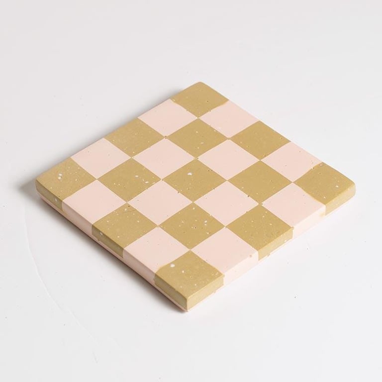 Checkered Coaster – Khaki & Pink Jesmonite, Handmade Home Decor, Wedding gifts