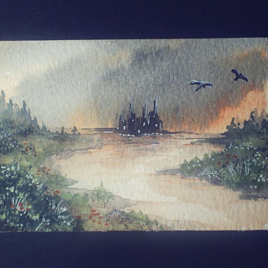 aceo SFA original miniature watercolour painting landscape sunset river