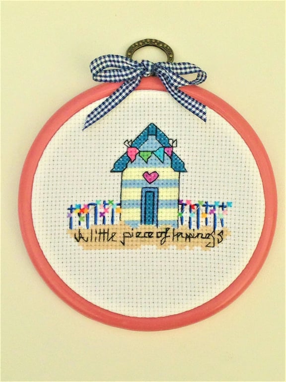 Beach Hut with Bunting and quote cute Cross Stitch hoop decoration