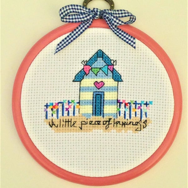 Beach Hut with Bunting and quote cute Cross Stitch hoop decoration