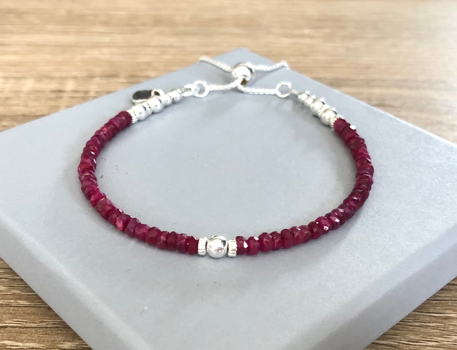 Sterling Silver Ruby Bracelet, Adjustable Slider Clasp Bracelet