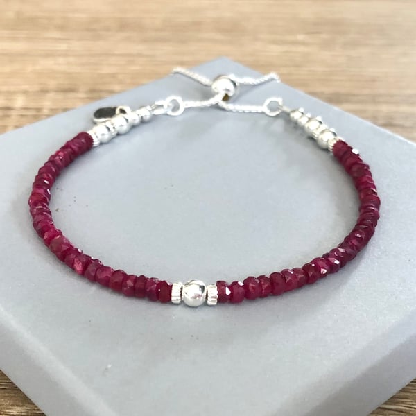 Sterling Silver Ruby Bracelet, Adjustable Slider Clasp Bracelet