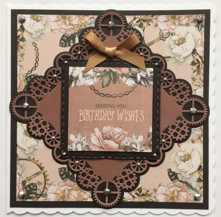 3D Luxury Handmade Card Steampunk Sending You Birthday Wishes Vintage Diamond