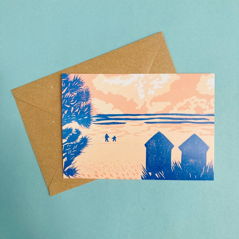 Wells-Next-The-Sea card, beach greetings card, summer evening at the beach 