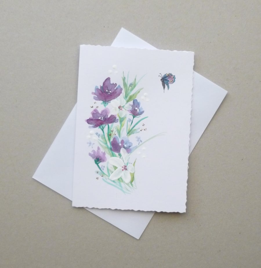 hand painted floral blank greetings card ( ref F 763 A2 )
