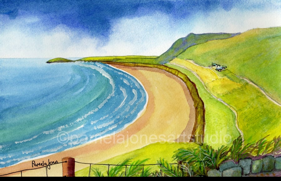 Rhossili Bay, Gower, from The Worms Head Hotel, Original Watercolour 14 x 11