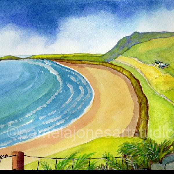 Rhossili Bay, Gower, from The Worms Head Hotel, Original Watercolour 14 x 11