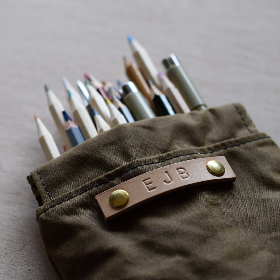 waxed canvas personalised pencil case - easy open - tan waxed canvas