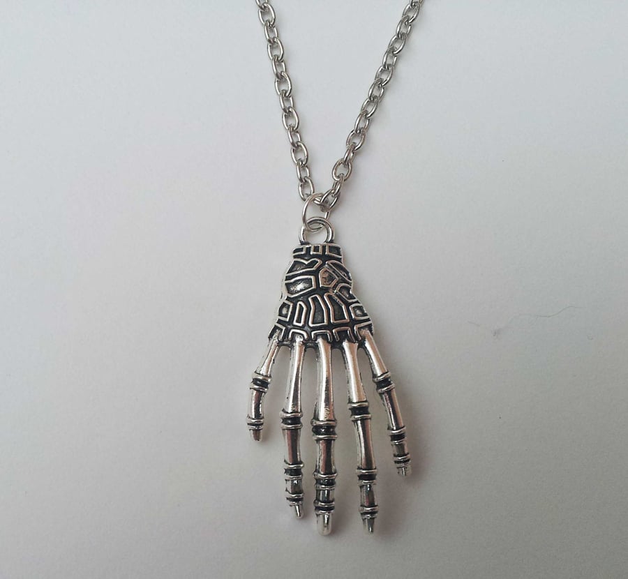Large Gothic Skeleton Hand Long Necklace