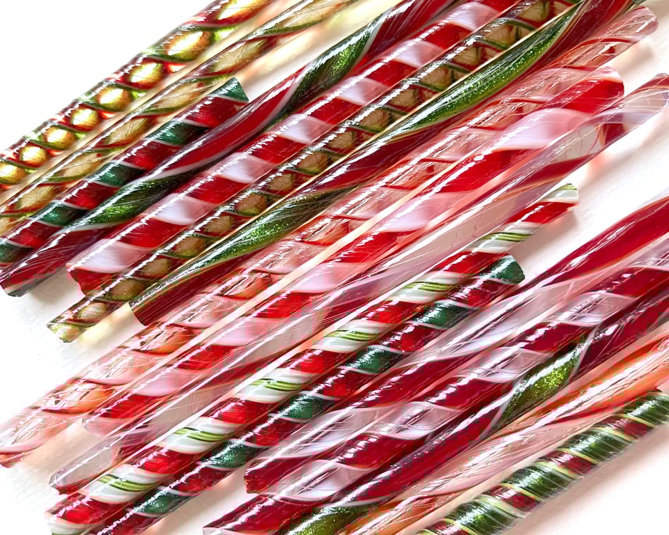 Twisted cane Christmas offcuts Bullseye 90 coe glass Vitrigraph twisties