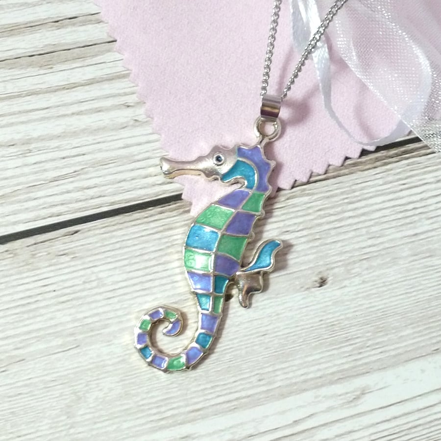 Blue seahorse pendant, bright seahorse necklace in blue, lilac and green
