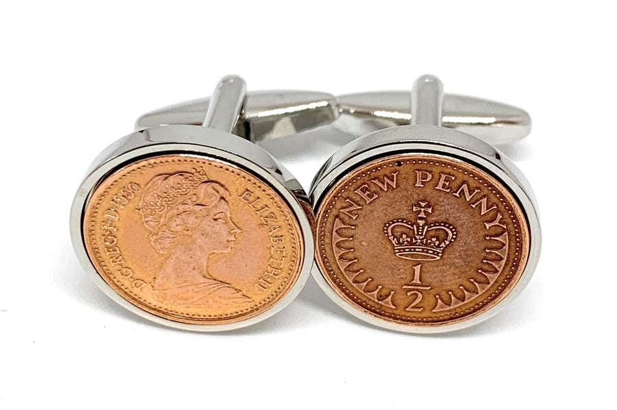 Vintage Retro 1981 half pence coin cufflinks for a 45th Birthday 