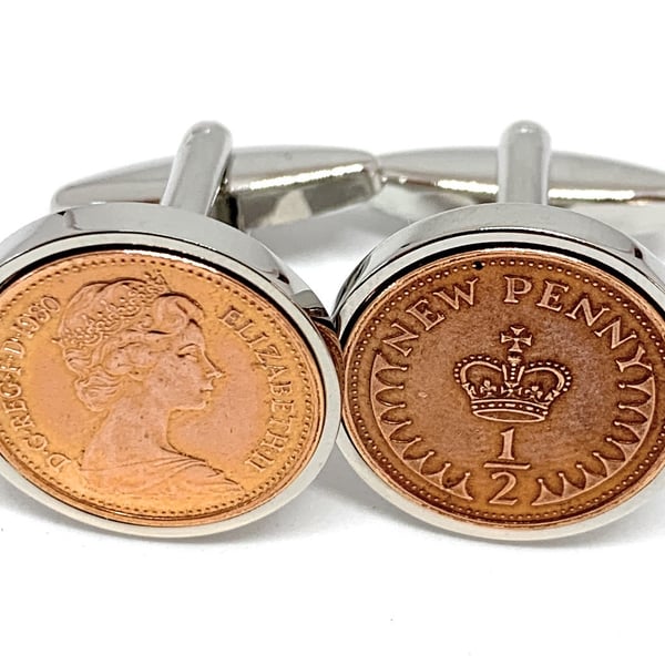 Vintage Retro 1981 half pence coin cufflinks for a 45th Birthday 