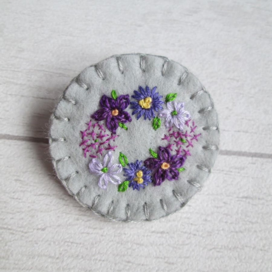 SOLD - Hand Embroidered Purple Flower Brooch