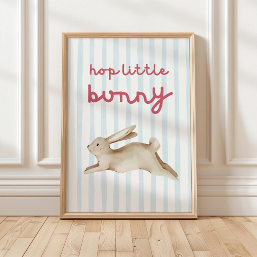 Hop Little Bunny Print Sweet Children's Wall Art Vintage Nursery Wall Art 