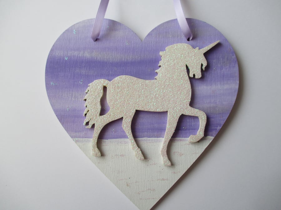 Unicorn Love Heart Hanging Decoration Purple Lilac White Twinkly Glittery Wood 