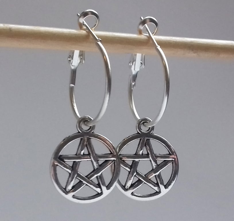 Pentacle Pentagram Hoops Charm Hoop Silver Plate Earrings 