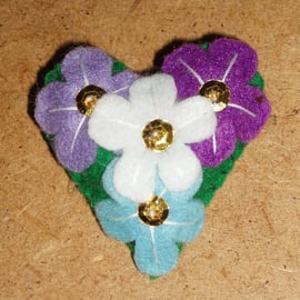 Felt Brooch Multi Flower in Purples Small Heart