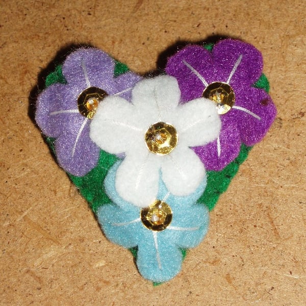 Felt Brooch Multi Flower in Purples Small Heart