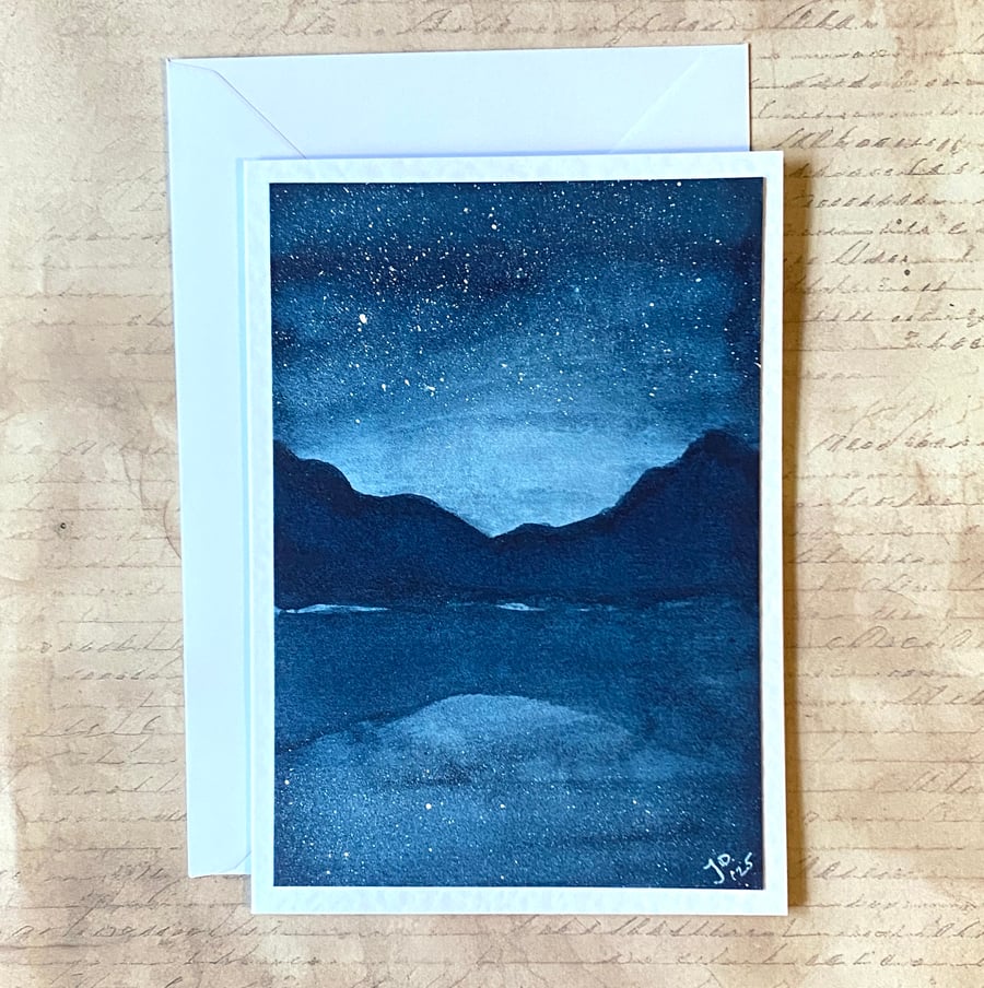 Hand-Painted Starry Night Greeting Card – Indigo Mountain Landscape, Watercolour