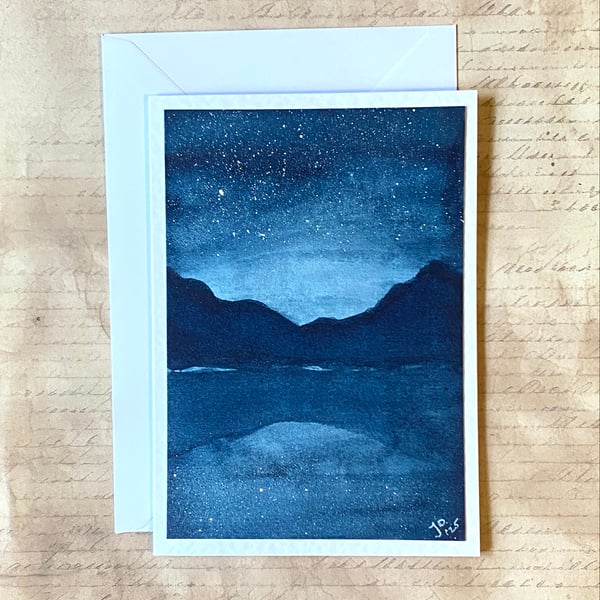 Hand-Painted Starry Night Greeting Card – Indigo Mountain Landscape, Watercolour