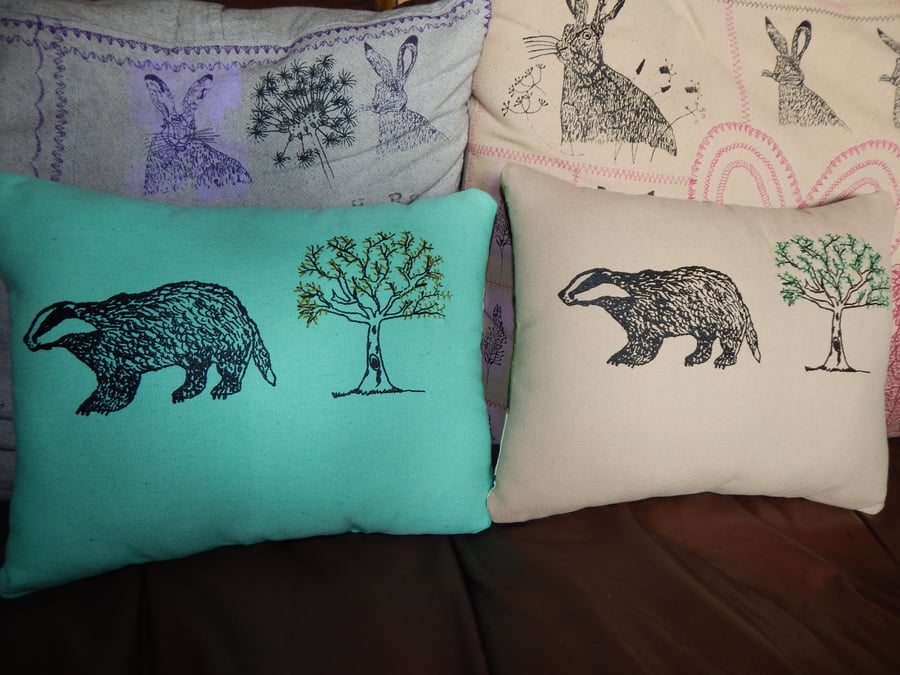 Canvas mint green Badger and tree - Screen printed cushion. 33cm x 26cm