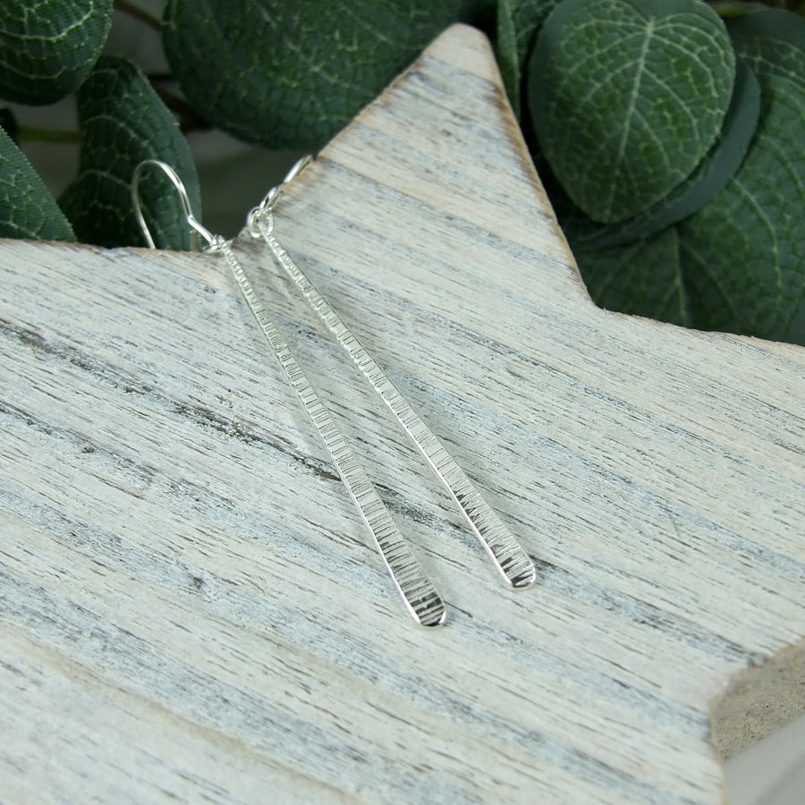 Earrings, Sterling Silver Long Teardrop Bar with Rustic Texture Finish