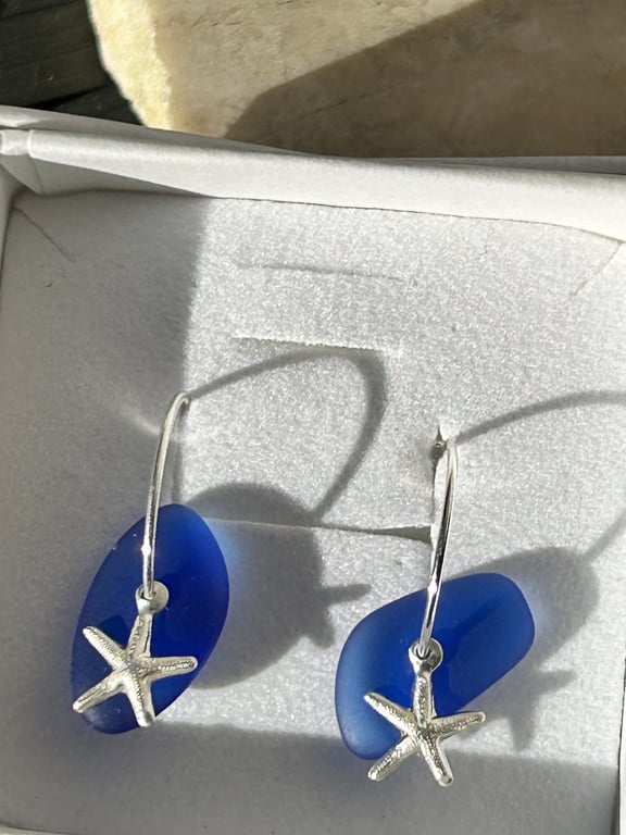 Blue Seaglass and starfish silver hoop earrings mothers day gift