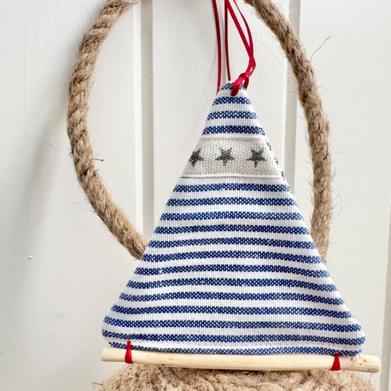 SAILING BOAT hanging decoration - small size, blue and white stripes