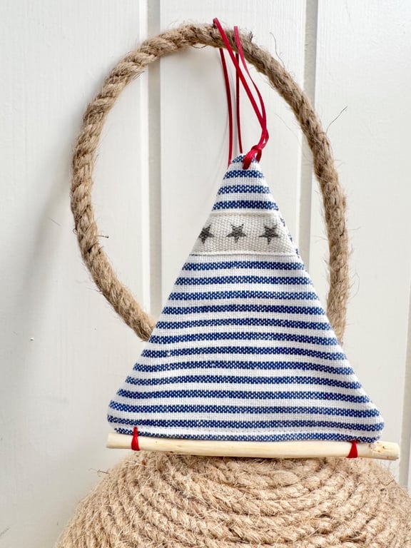 SAILING BOAT hanging decoration - small size, blue and white stripes